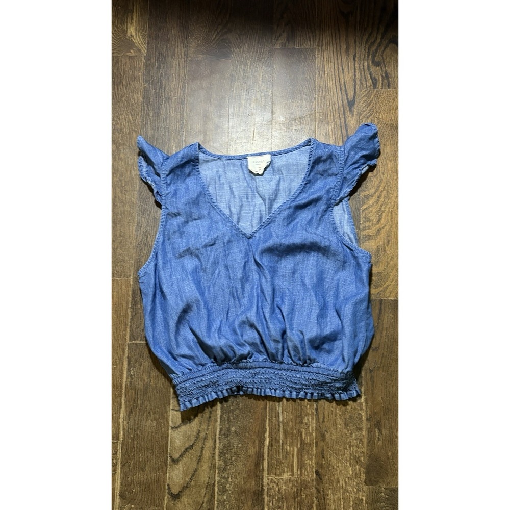 Harper Heritage Chambray Denim Ruffle Smocked Waist Top Ladies Size Medium